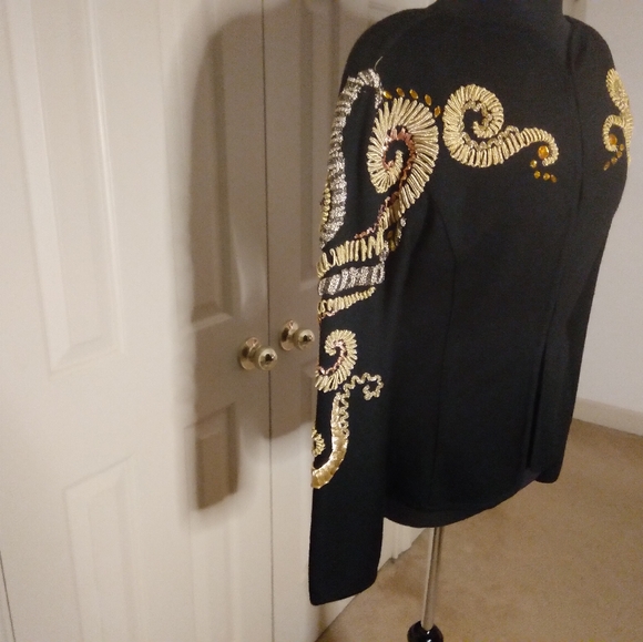 Vintage, black, gold, arabesque, hand-made, beaded, jacket, Large. - Picture 2 of 6